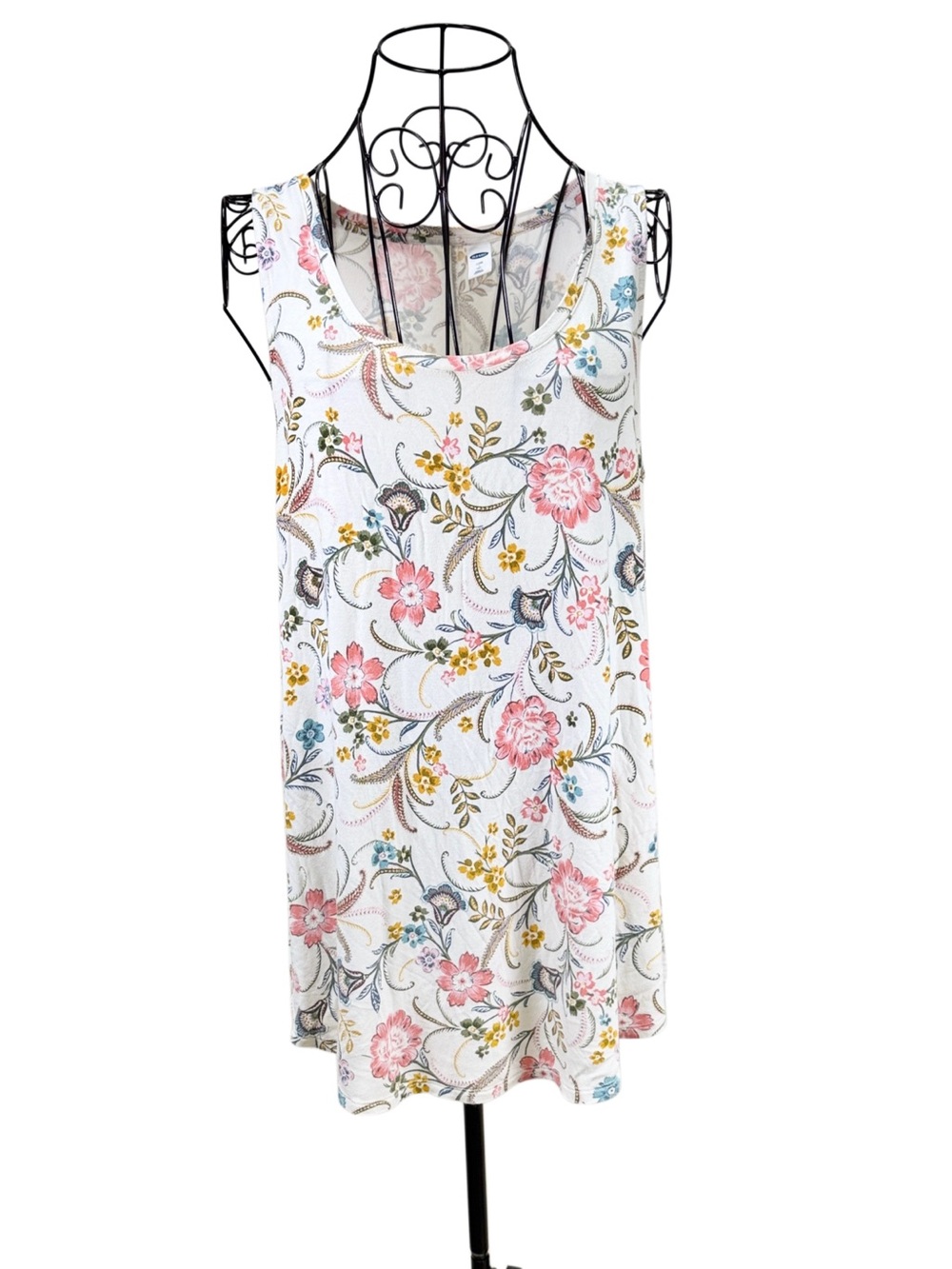 Old Navy White Floral Scoop Neck Tank with Pink & Yellow Accents Tall Large